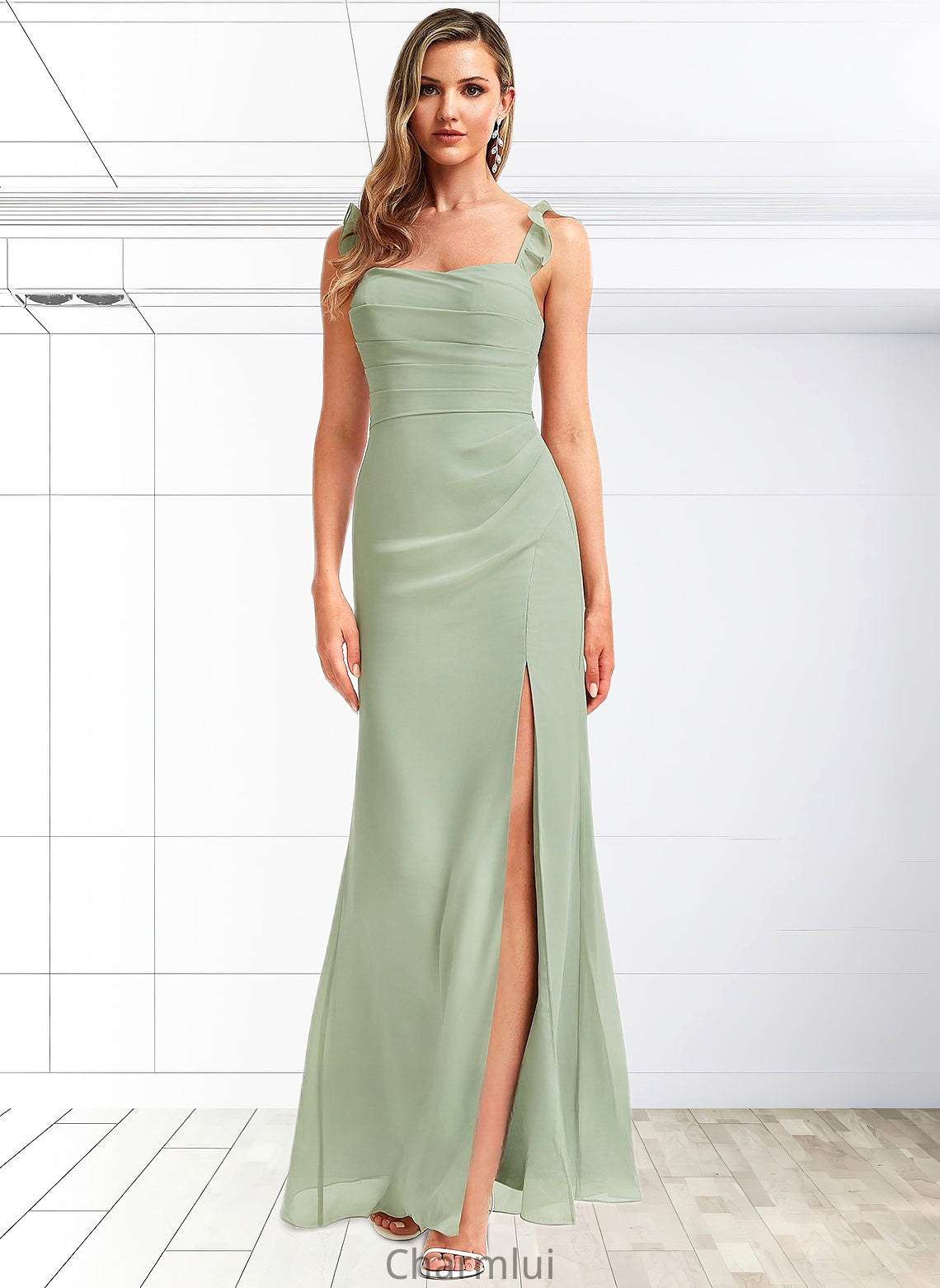 Brooklyn A-line Square Floor-Length Chiffon Bridesmaid Dress With Ruffle DYP0025739