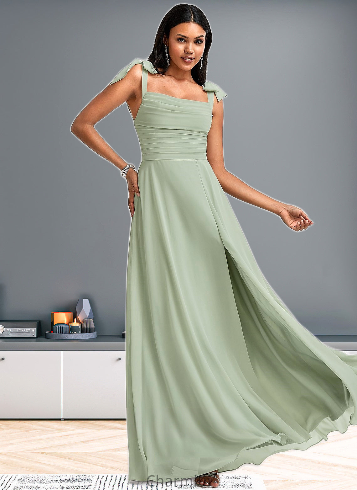 Rylee A-line Cowl Floor-Length Chiffon Bridesmaid Dress With Bow DYP0025738