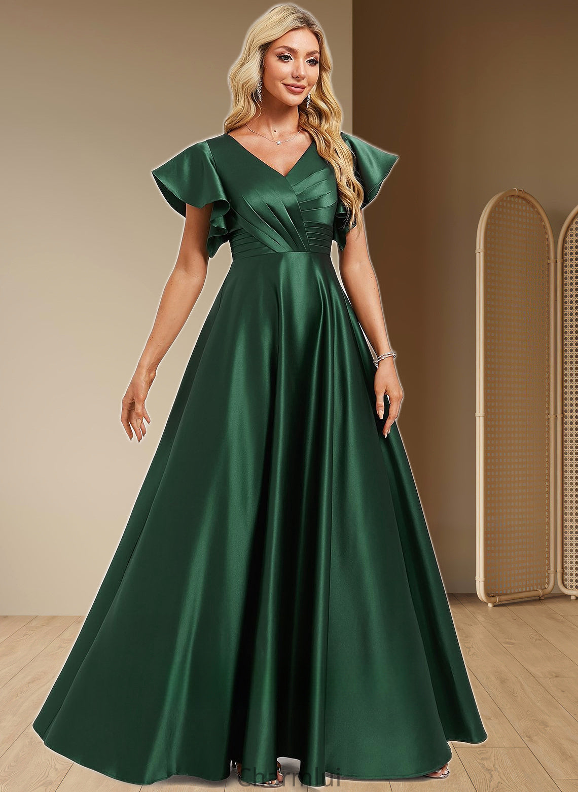 Marisa A-line V-Neck Floor-Length Satin Bridesmaid Dress With Ruffle DYP0025777