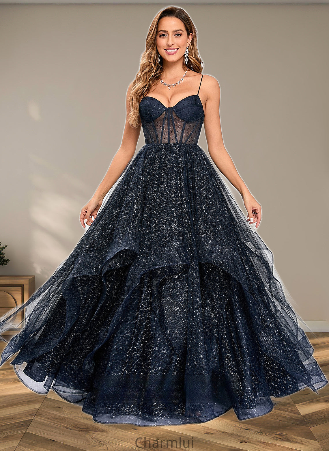 Genevieve Ball-Gown/Princess V-Neck Floor-Length Tulle Prom Dresses DYP0025863