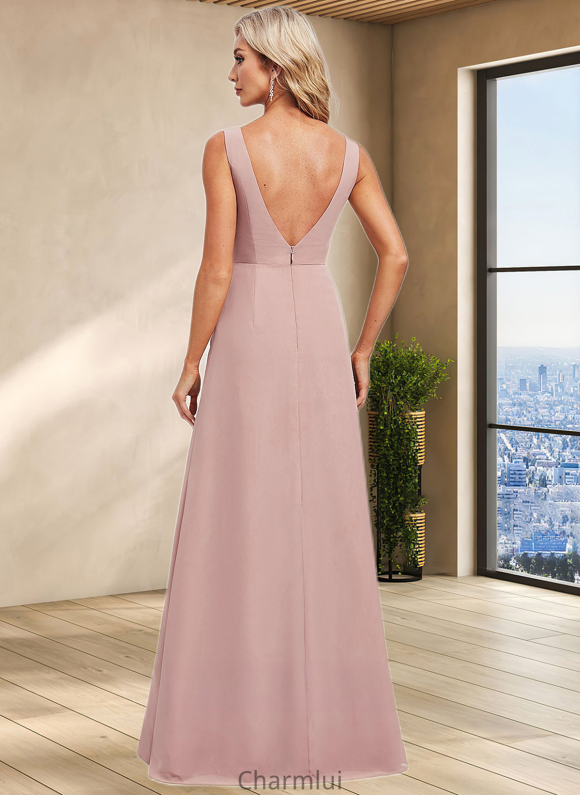 Alana A-line V-Neck Floor-Length Chiffon Bridesmaid Dress DYP0025820