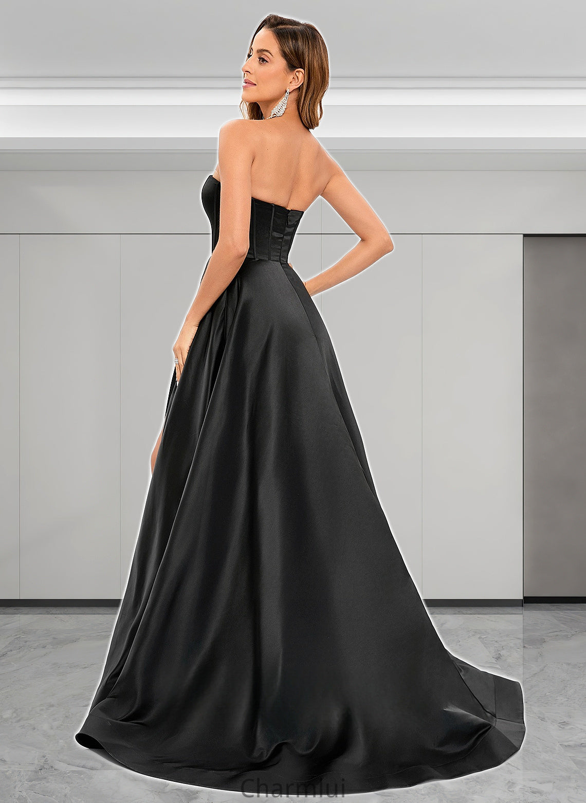 Iyana A-line V-Neck Sweep Train Satin Prom Dresses DYP0025842