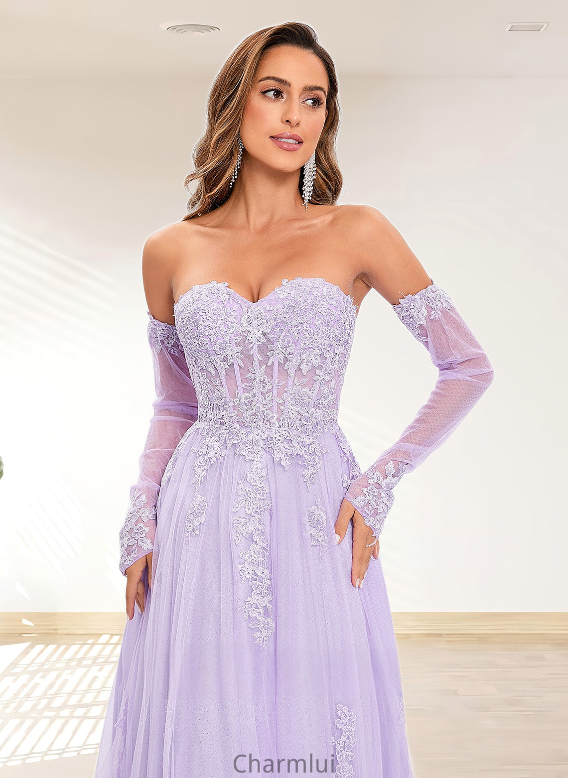 Deborah A-line Sweetheart Sweep Train Tulle Prom Dresses With Sequins Appliques Lace DYP0025856