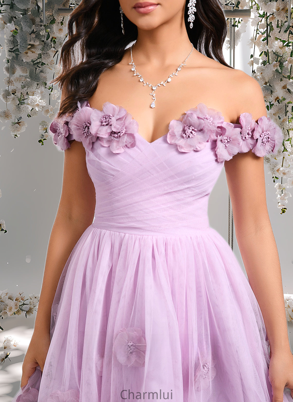 Deja Ball-Gown/Princess Off the Shoulder Short Tulle Homecoming Dress With Pleated Flower DYP0025668