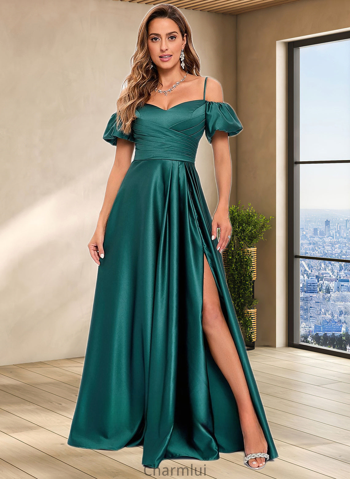 Jocelynn A-line Off the Shoulder Sweetheart Floor-Length Satin Prom Dresses DYP0025852