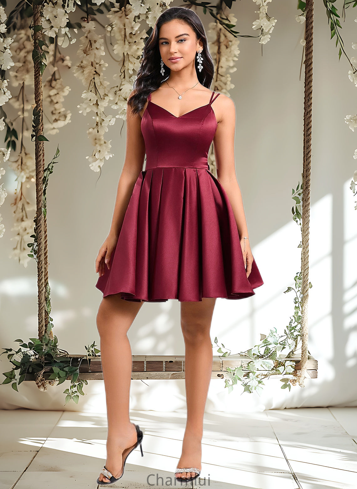 Noemi Ball-Gown/Princess V-Neck Short Satin Homecoming Dress With Bow DYP0025662