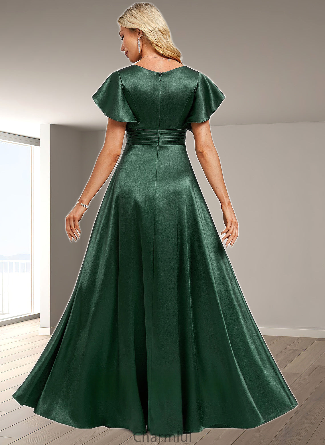 Ashley A-line V-Neck Floor-Length Stretch Satin Bridesmaid Dress With Ruffle DYP0025773