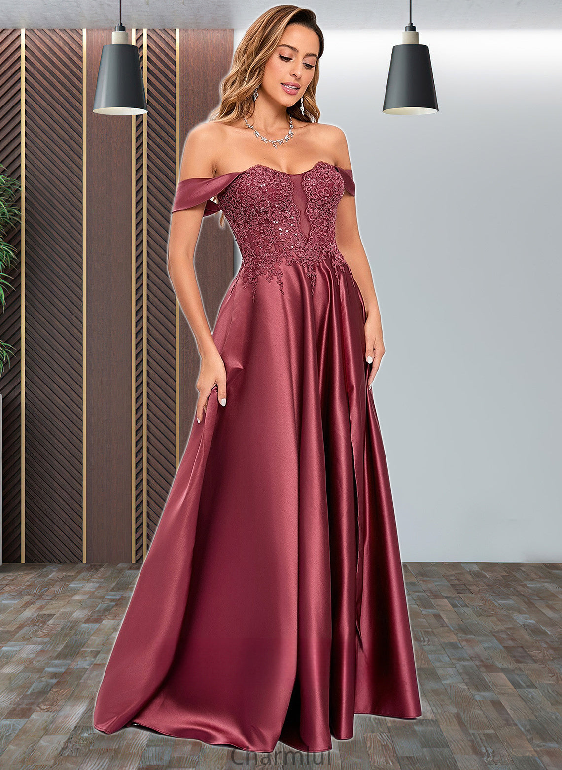 Ginny A-line Off the Shoulder Floor-Length Satin Lace Prom Dresses With Sequins DYP0025841