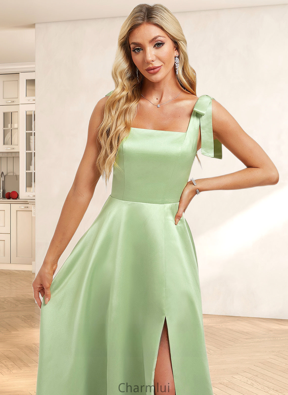 Kendal A-line Square Floor-Length Satin Bridesmaid Dress With Bow DYP0025778