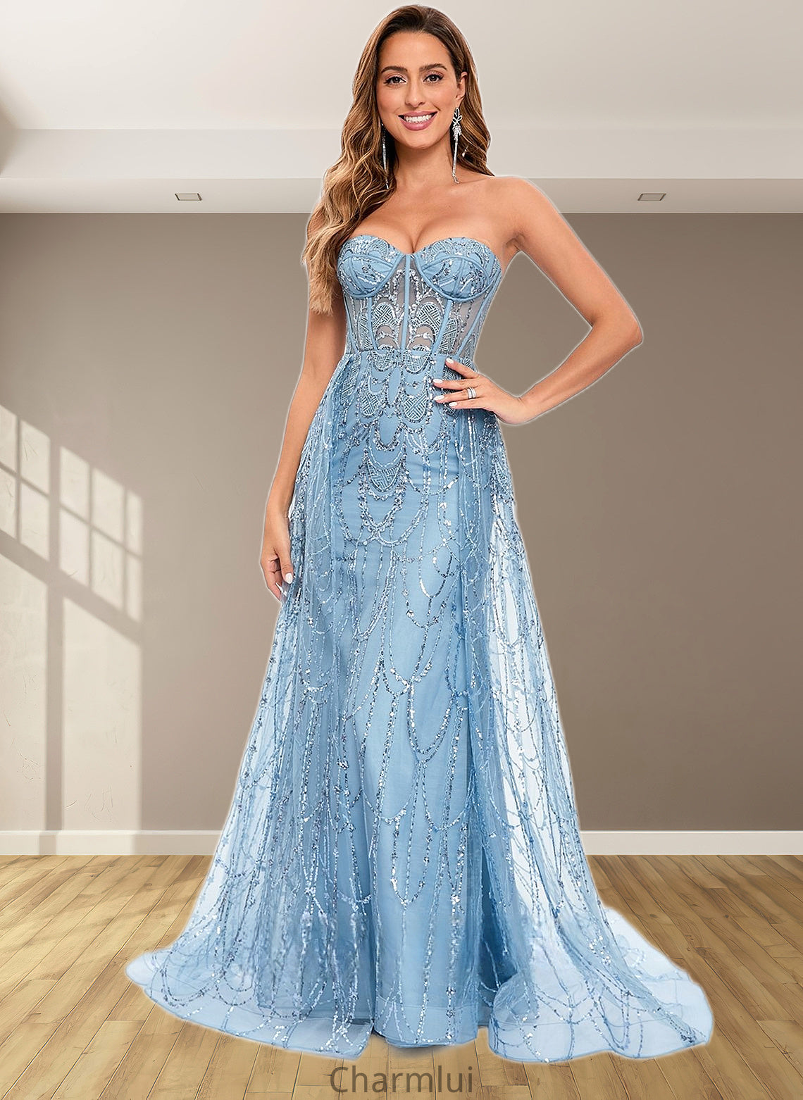 Marina Sheath/Column Sweetheart Sweep Train Sequin Tulle Prom Dresses With Sequins DYP0025860