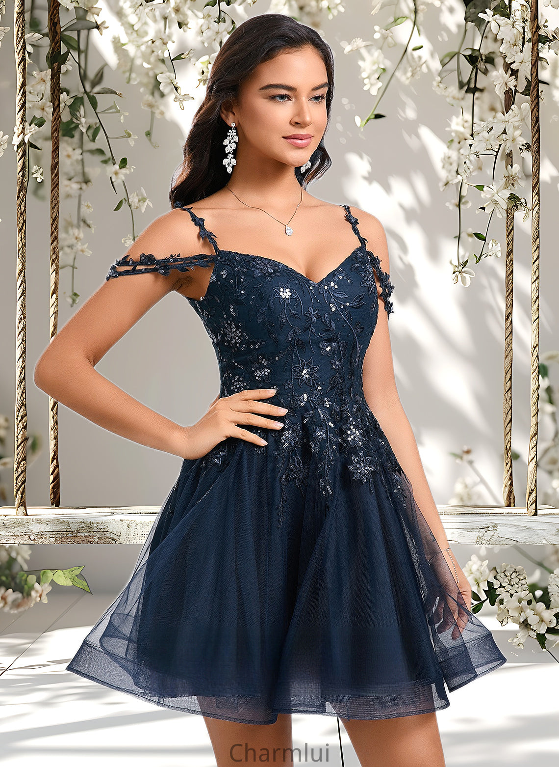 Ariel A-line V-Neck Short Tulle Lace Homecoming Dress With Sequins DYP0025642