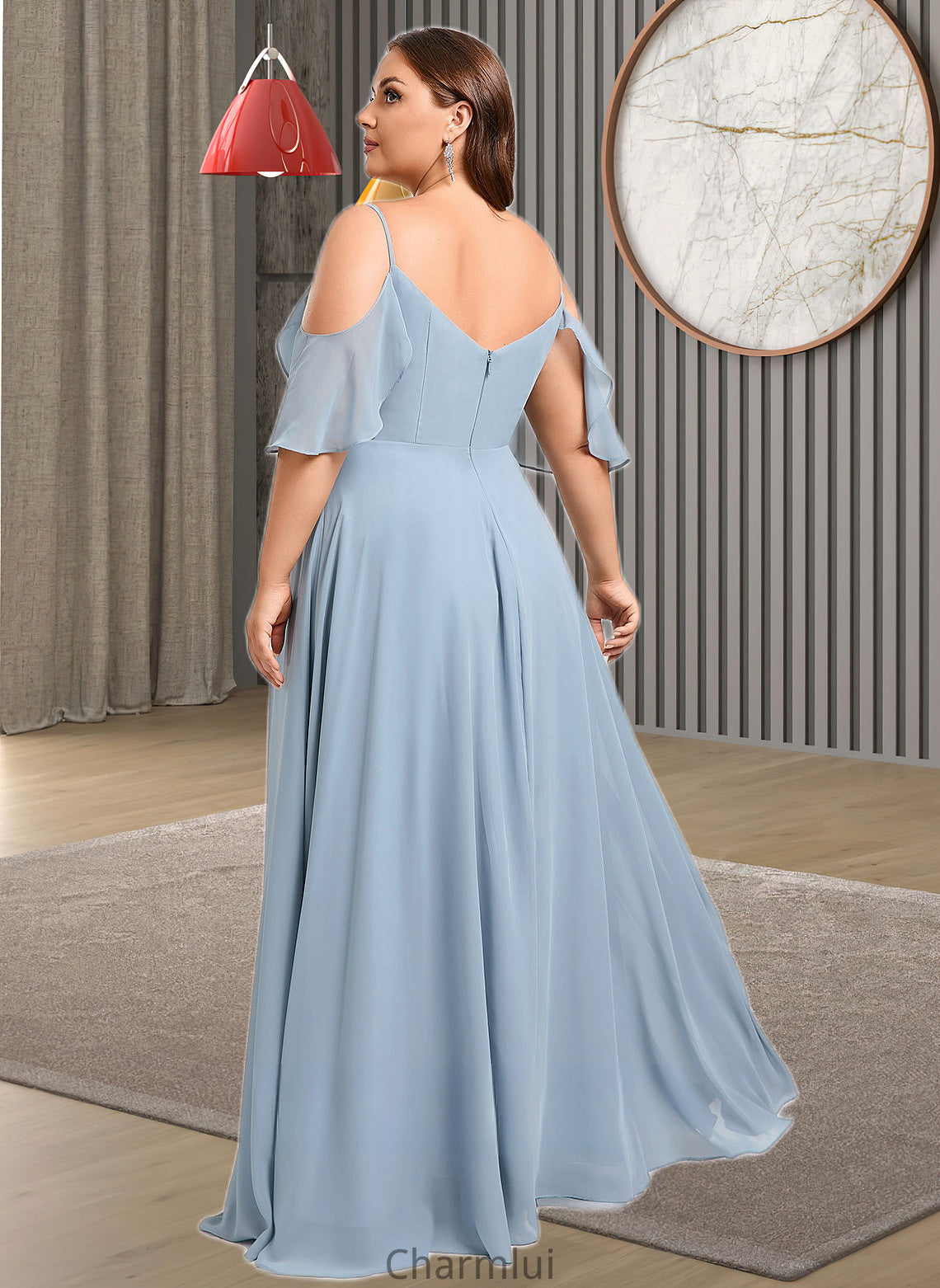 Kendra A-line Cold Shoulder Floor-Length Chiffon Bridesmaid Dress With Ruffle DYP0025797