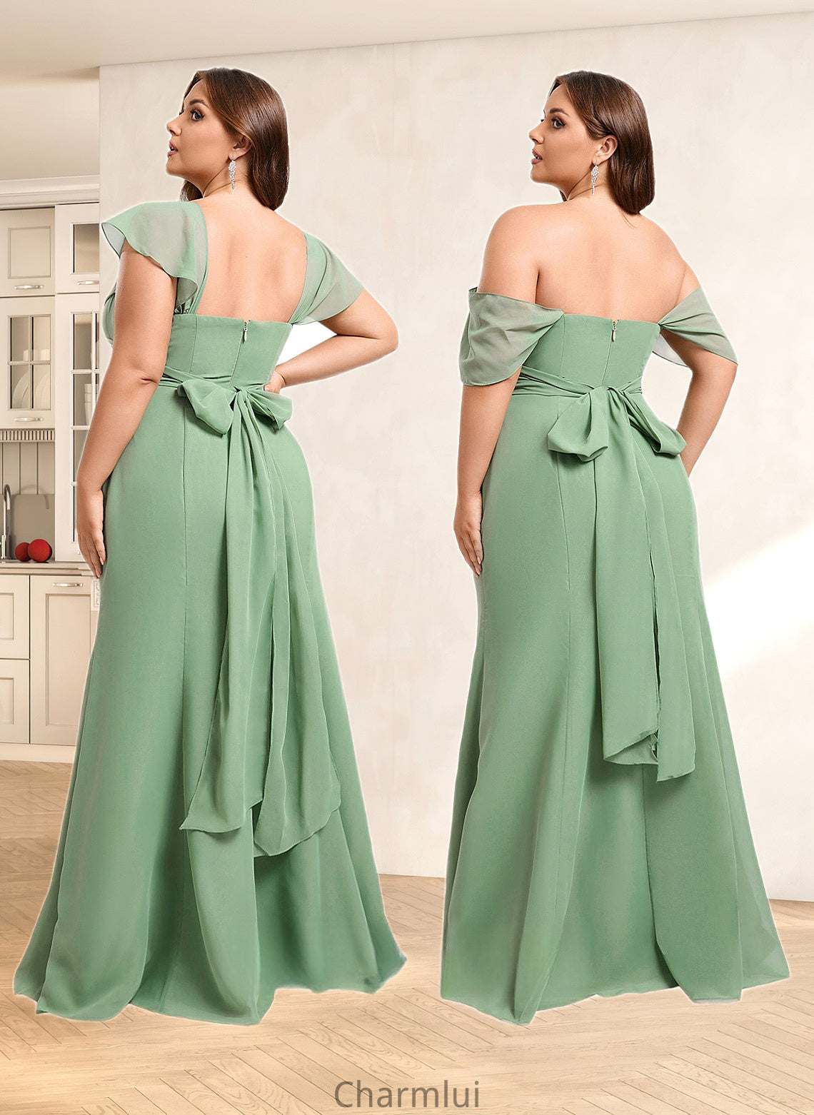 Campbell Trumpet/Mermaid Off the Shoulder V-Neck Floor-Length Chiffon Bridesmaid Dress DYP0025810