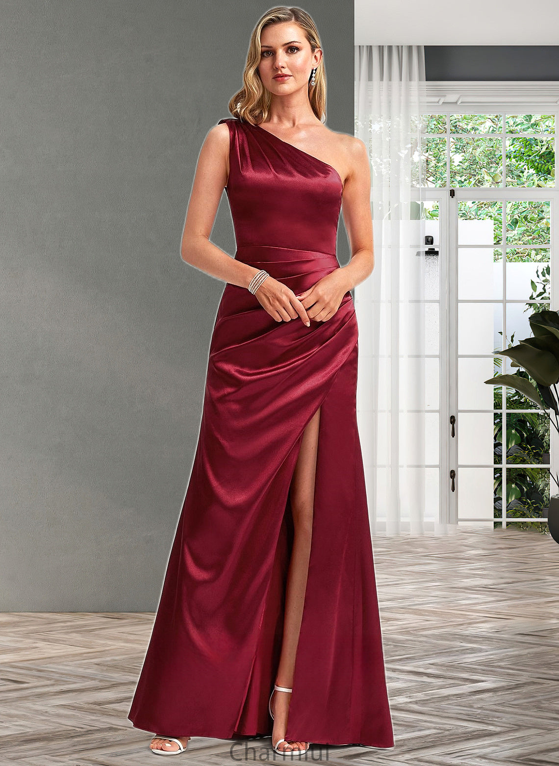 Jayden A-line One Shoulder Floor-Length Stretch Satin Bridesmaid Dress With Bow DYP0025758