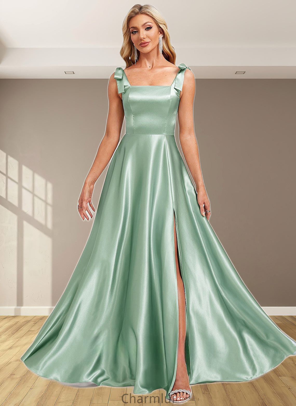 Cristal A-line Square Floor-Length Stretch Satin Bridesmaid Dress With Bow DYP0025788