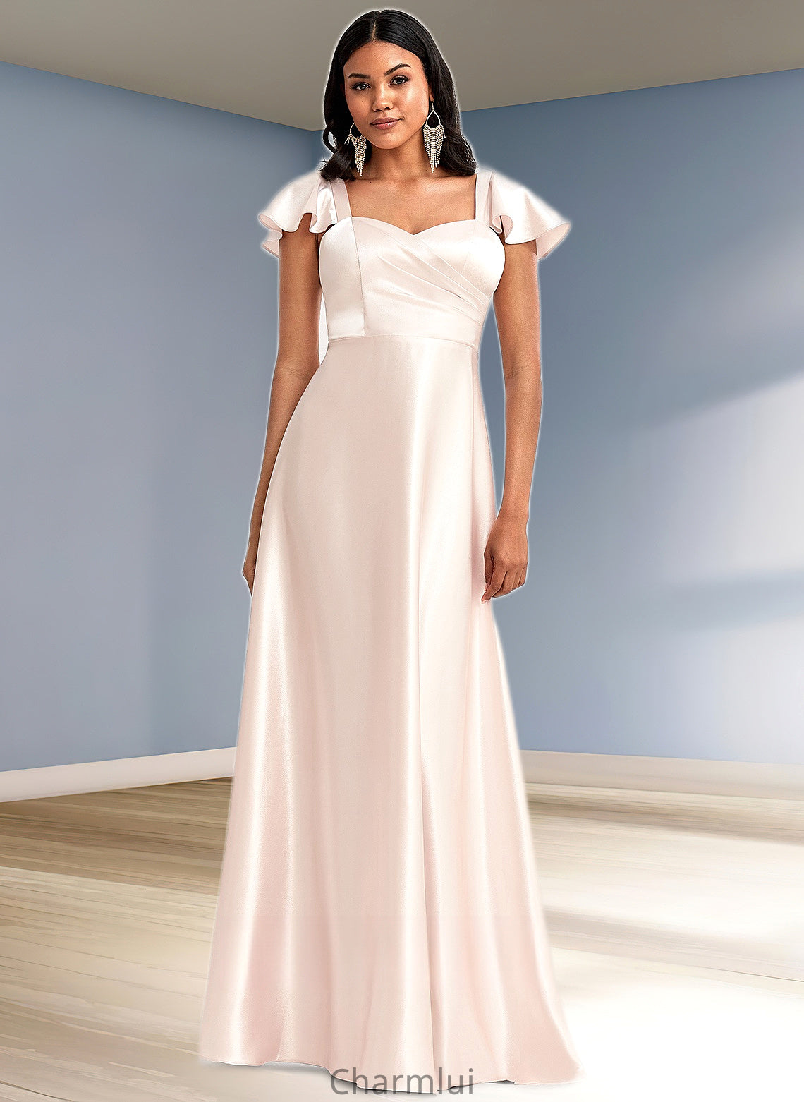 Finley A-line V-Neck Floor-Length Stretch Satin Bridesmaid Dress With Bow DYP0025759