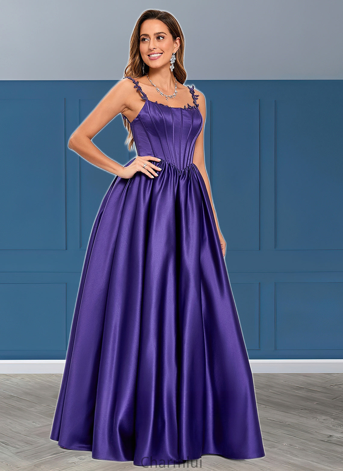 Yaritza Ball-Gown/Princess Scoop Floor-Length Satin Prom Dresses With Appliques Lace Beading DYP0025865