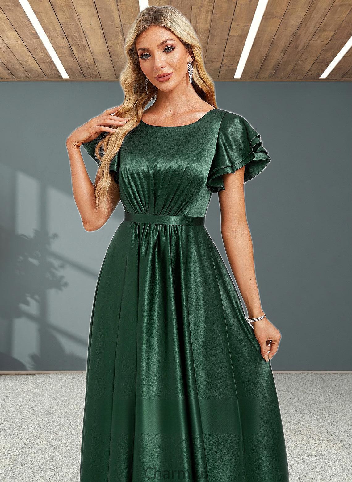 Alivia A-line Scoop Floor-Length Stretch Satin Bridesmaid Dress With Ruffle DYP0025770