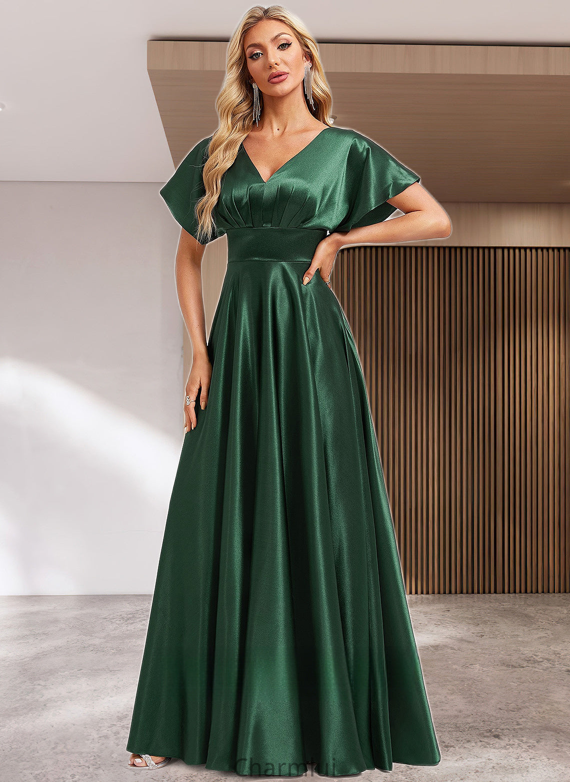 Rubi A-line V-Neck Floor-Length Stretch Satin Bridesmaid Dress DYP0025782