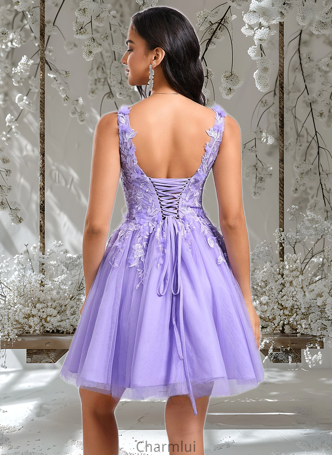 Everly Ball-Gown/Princess V-Neck Short Lace Tulle Homecoming Dress With Flower DYP0025656