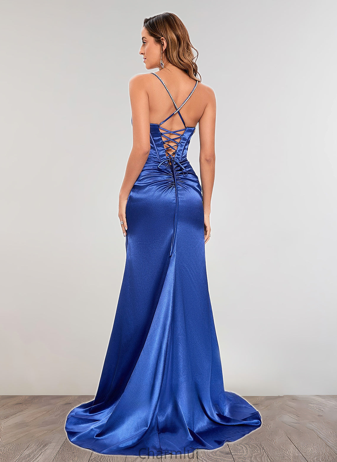 Mya Trumpet/Mermaid Straight Sweep Train Stretch Satin Prom Dresses With Rhinestone DYP0025861