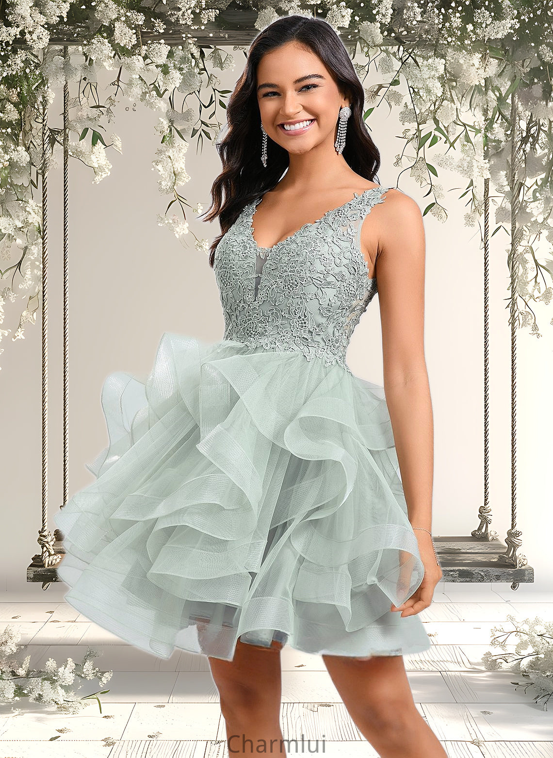 Miley Ball-Gown/Princess V-Neck Short Tulle Lace Homecoming Dress DYP0025671