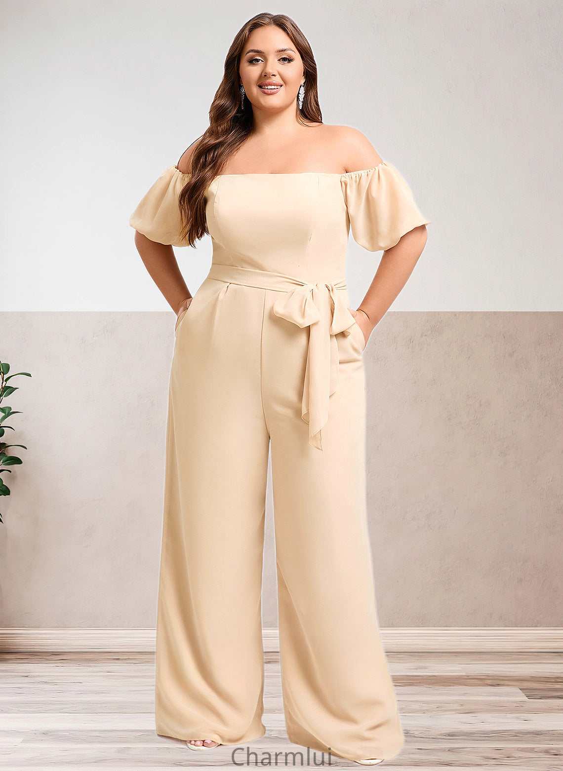 Marissa Jumpsuit/Pantsuit Off the Shoulder Square Floor-Length Chiffon Bridesmaid Dress DYP0025791