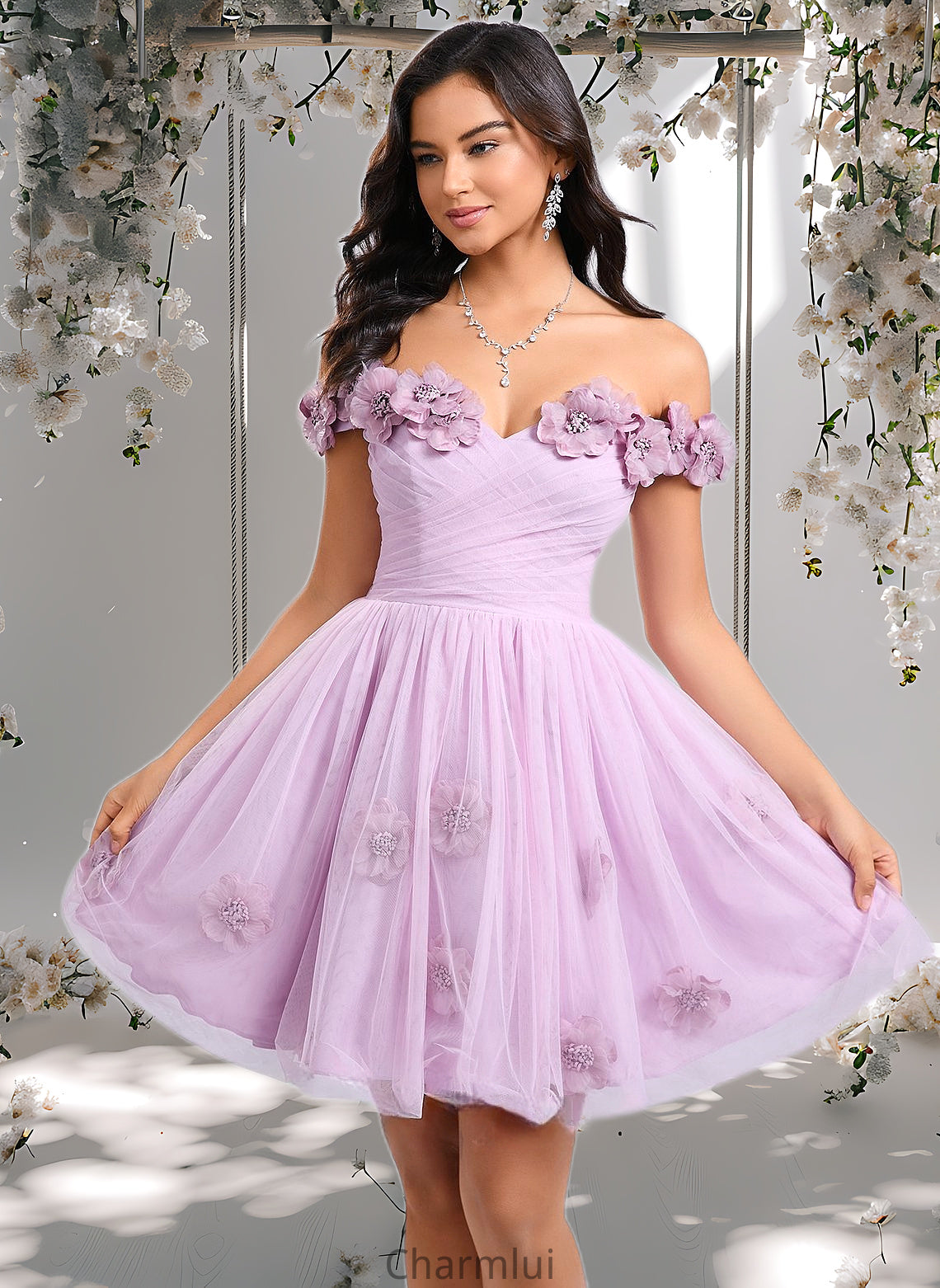 Deja Ball-Gown/Princess Off the Shoulder Short Tulle Homecoming Dress With Pleated Flower DYP0025668