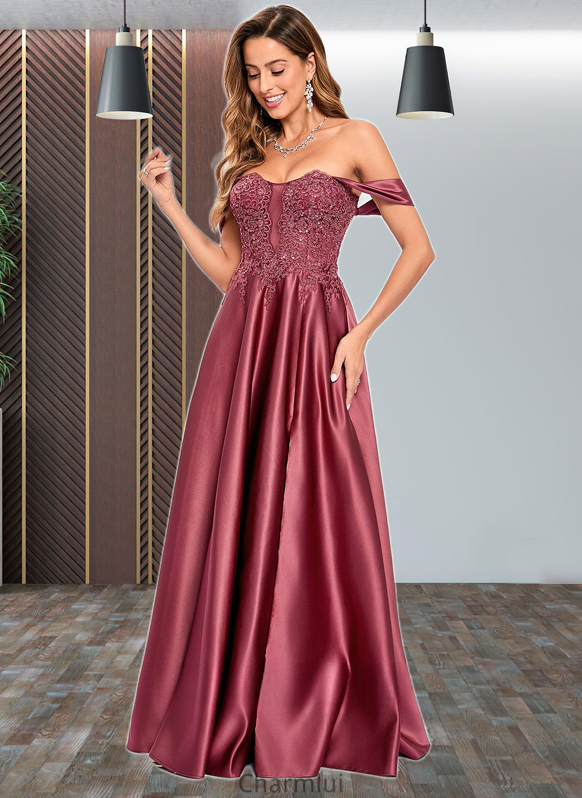 Ginny A-line Off the Shoulder Floor-Length Satin Lace Prom Dresses With Sequins DYP0025841