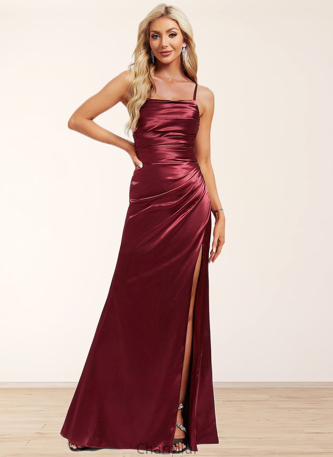 Annabelle Trumpet/Mermaid Square Floor-Length Stretch Satin Prom Dresses With Ruffle DYP0025875