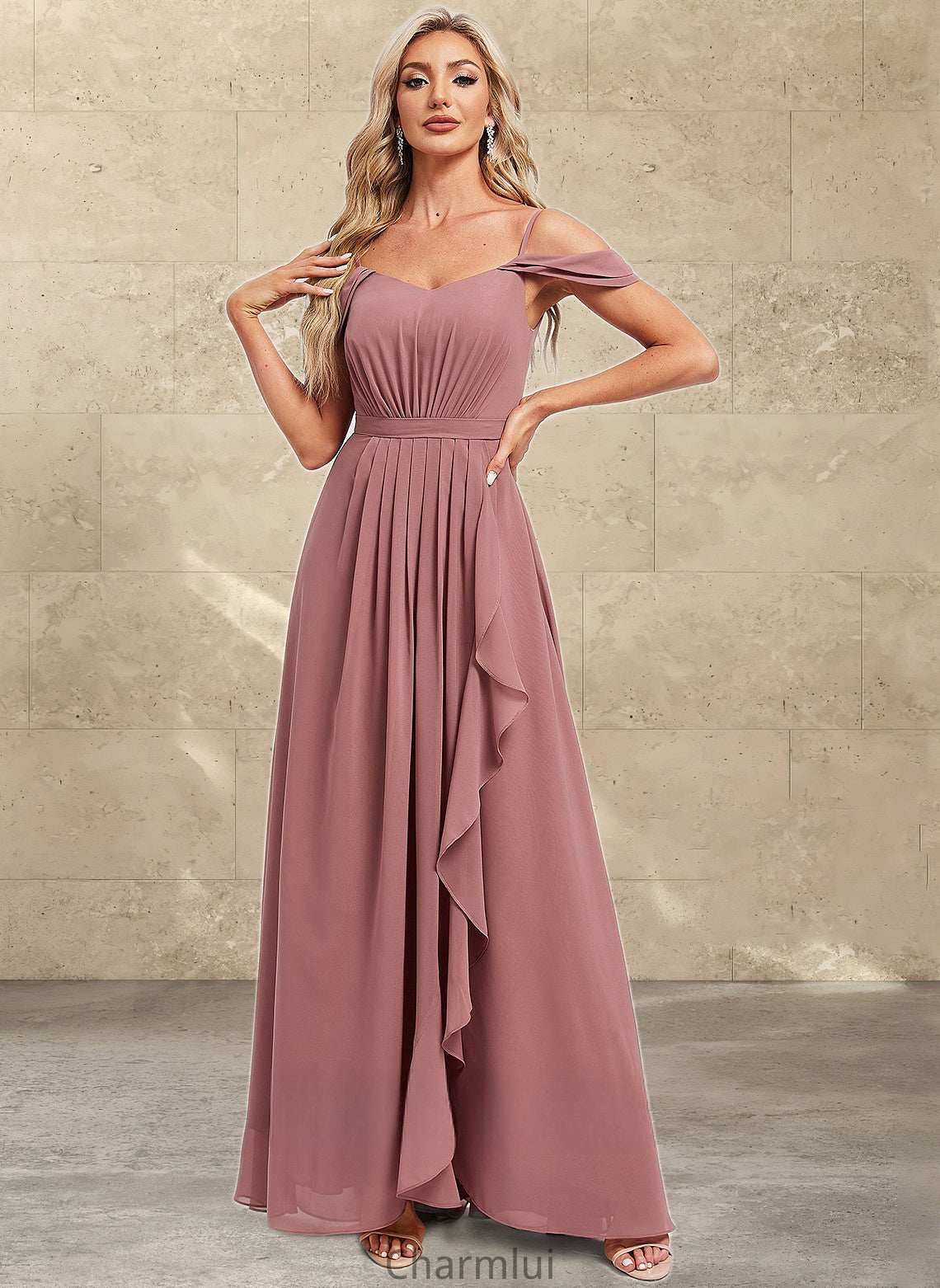 Carly A-line Cold Shoulder Asymmetrical Chiffon Bridesmaid Dress DYP0025823