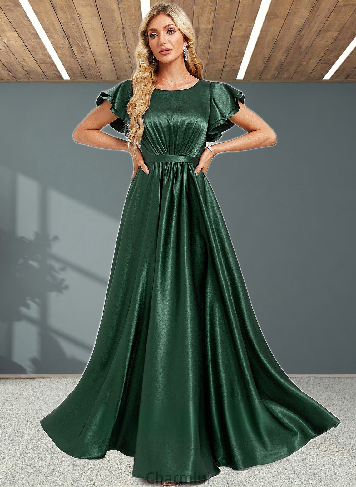 Alivia A-line Scoop Floor-Length Stretch Satin Bridesmaid Dress With Ruffle DYP0025770