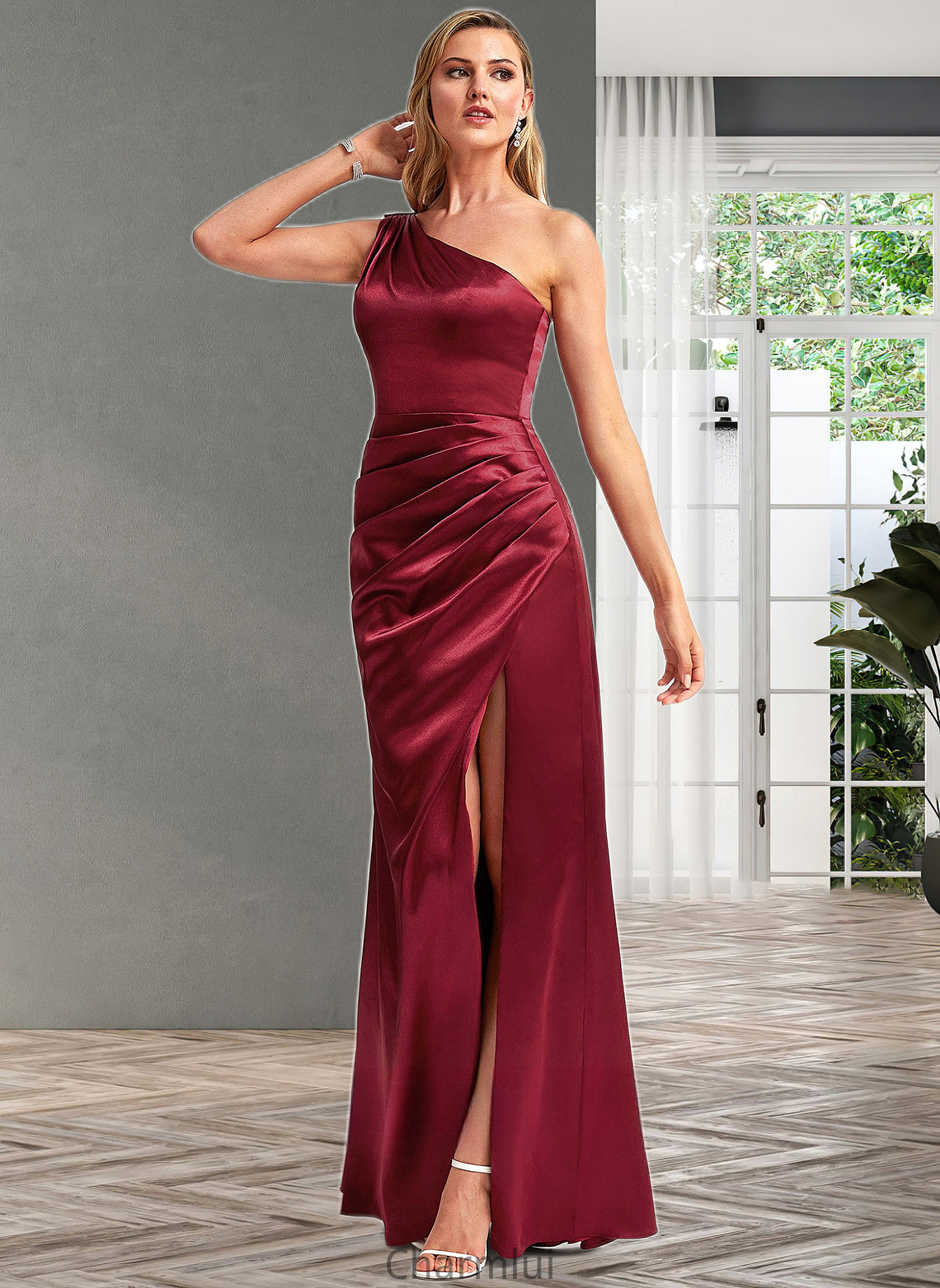 Jayden A-line One Shoulder Floor-Length Stretch Satin Bridesmaid Dress With Bow DYP0025758