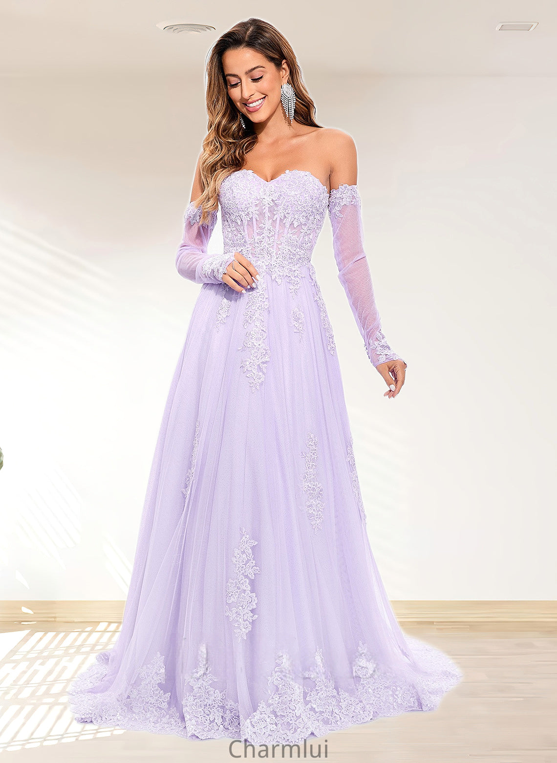 Deborah A-line Sweetheart Sweep Train Tulle Prom Dresses With Sequins Appliques Lace DYP0025856