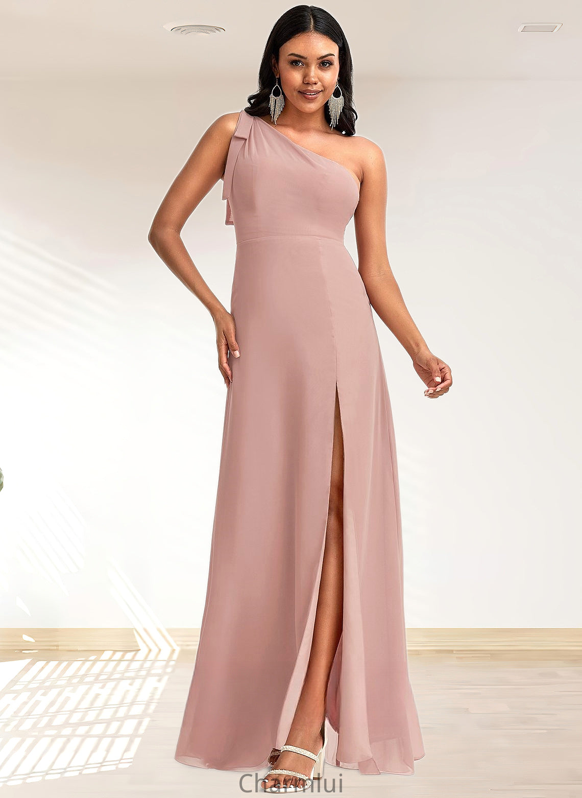 Chasity A-line One Shoulder Floor-Length Chiffon Bridesmaid Dress With Bow DYP0025748