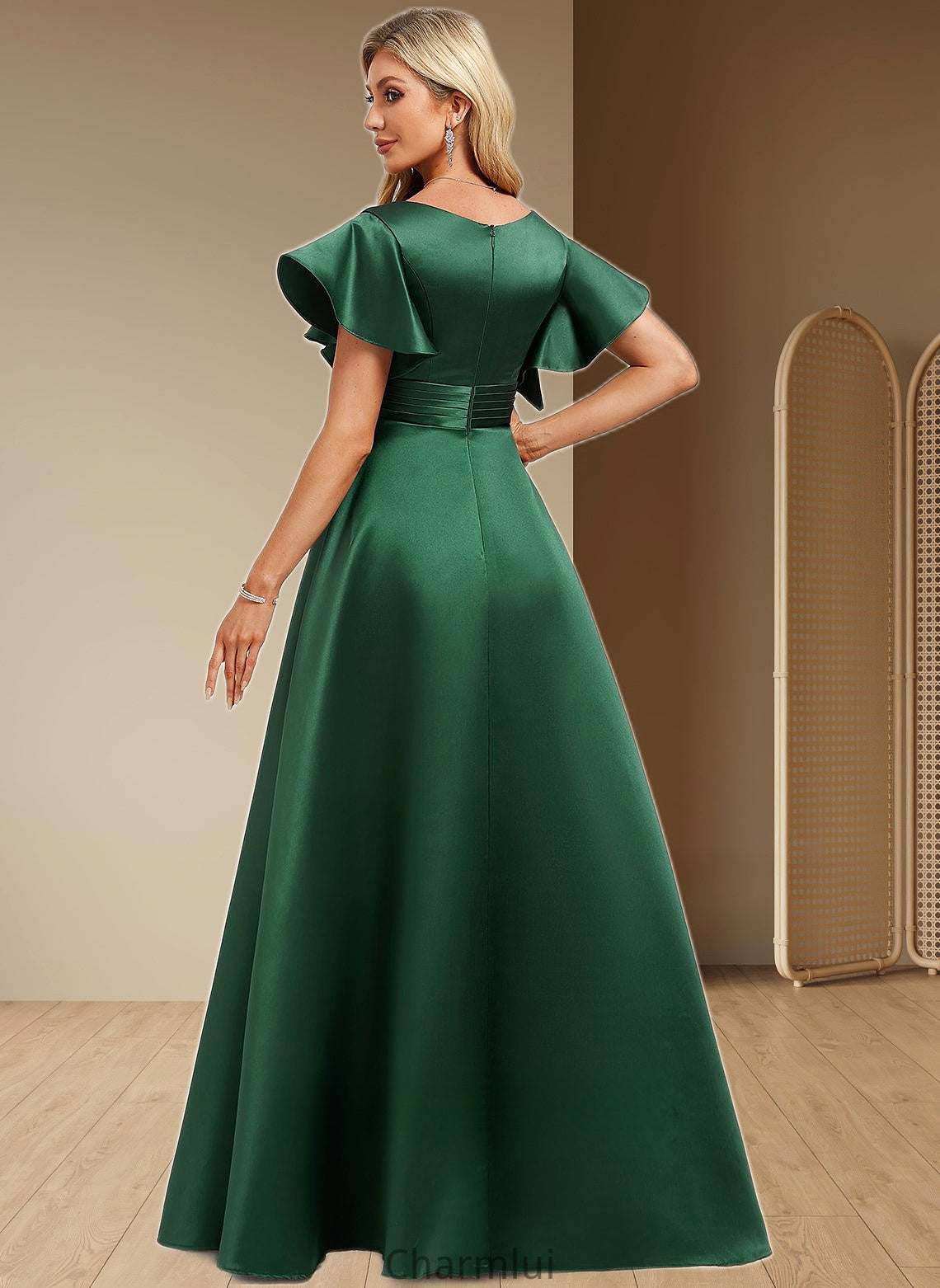 Marisa A-line V-Neck Floor-Length Satin Bridesmaid Dress With Ruffle DYP0025777