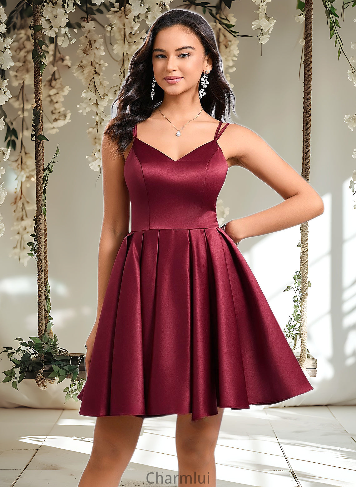 Noemi Ball-Gown/Princess V-Neck Short Satin Homecoming Dress With Bow DYP0025662