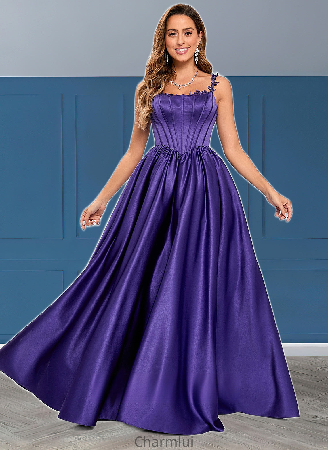 Yaritza Ball-Gown/Princess Scoop Floor-Length Satin Prom Dresses With Appliques Lace Beading DYP0025865