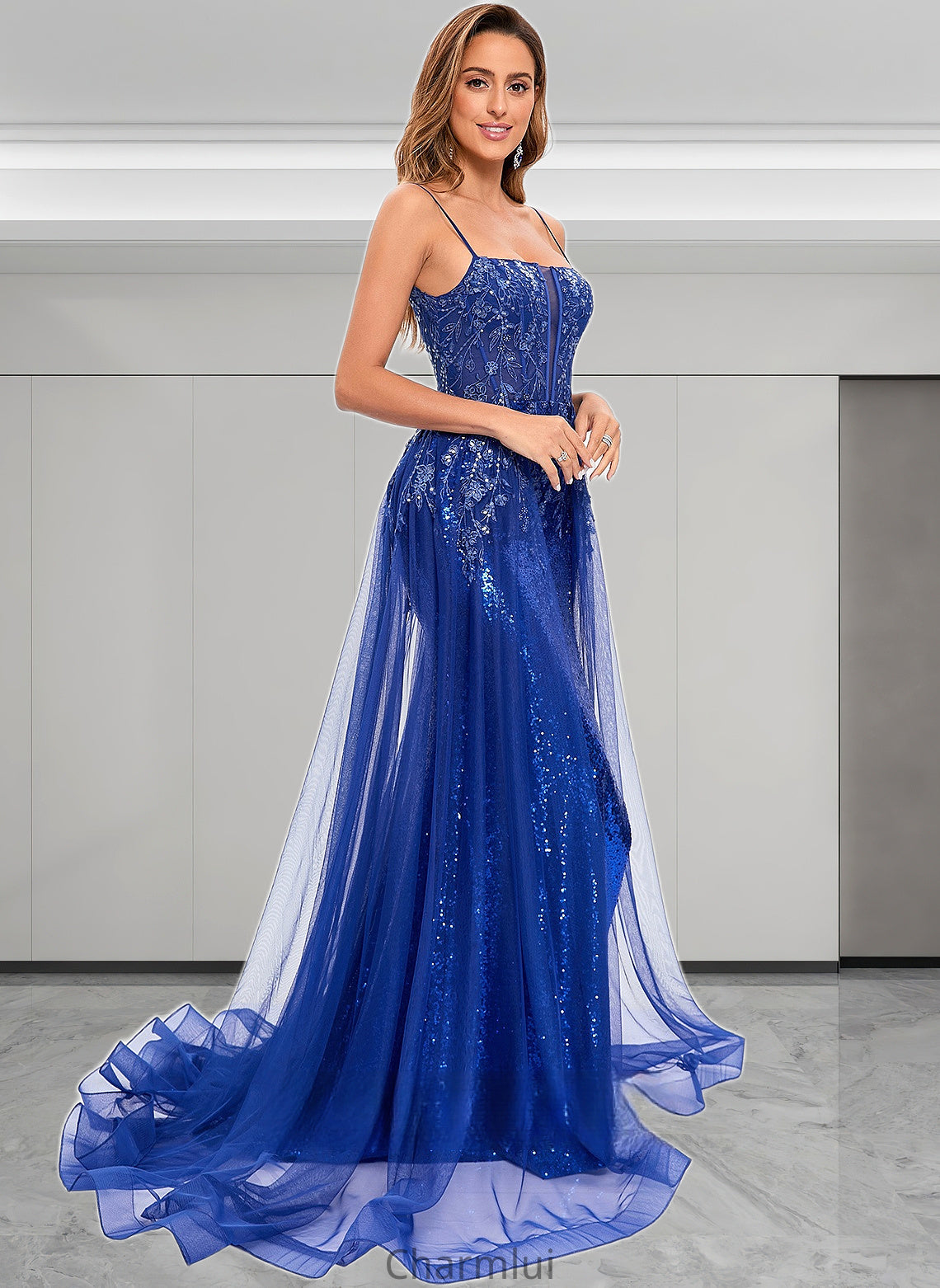 Britney Trumpet/Mermaid Straight Sweep Train Tulle Sequin Prom Dresses With Sequins Appliques Lace DYP0025857