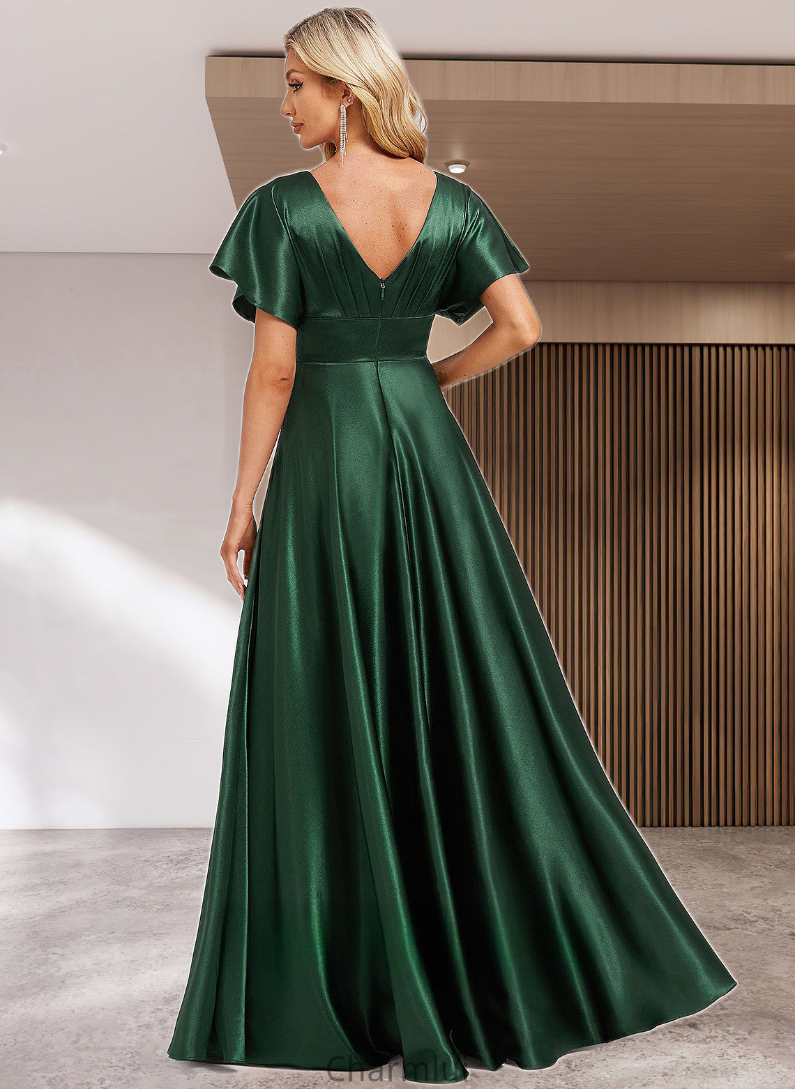 Rubi A-line V-Neck Floor-Length Stretch Satin Bridesmaid Dress DYP0025782