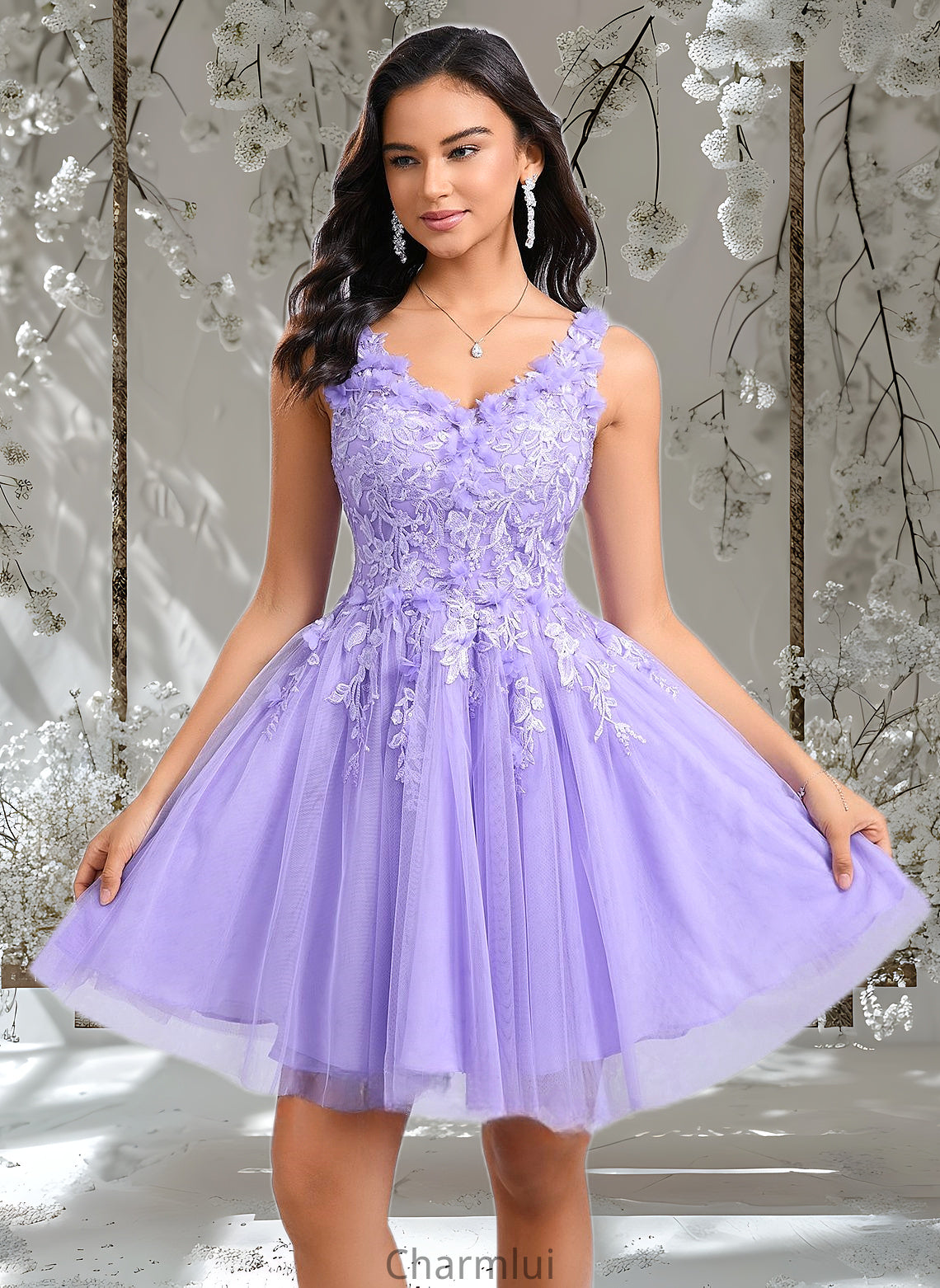 Everly Ball-Gown/Princess V-Neck Short Lace Tulle Homecoming Dress With Flower DYP0025656