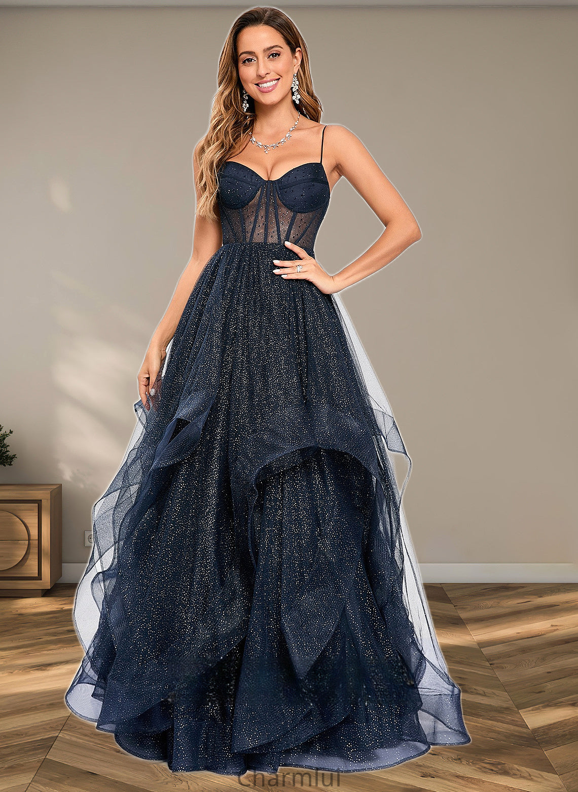 Genevieve Ball-Gown/Princess V-Neck Floor-Length Tulle Prom Dresses DYP0025863