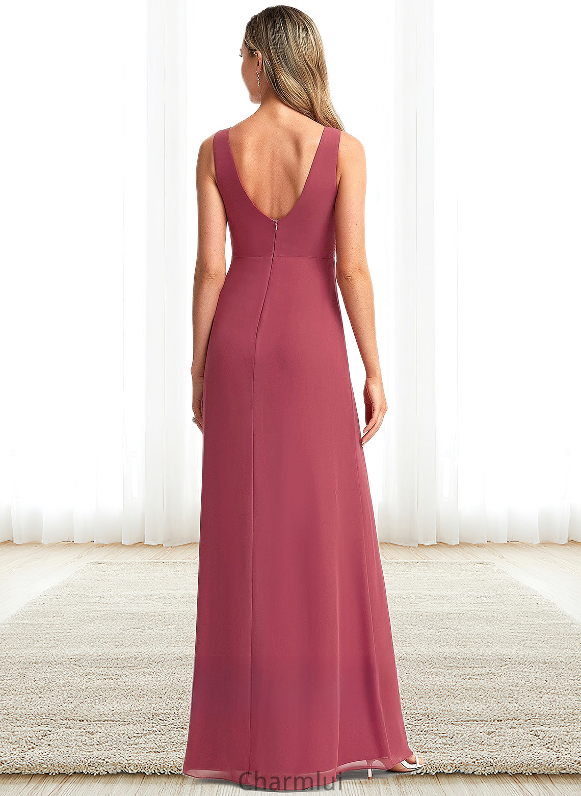 Cindy A-line V-Neck Floor-Length Chiffon Bridesmaid Dress DYP0025753