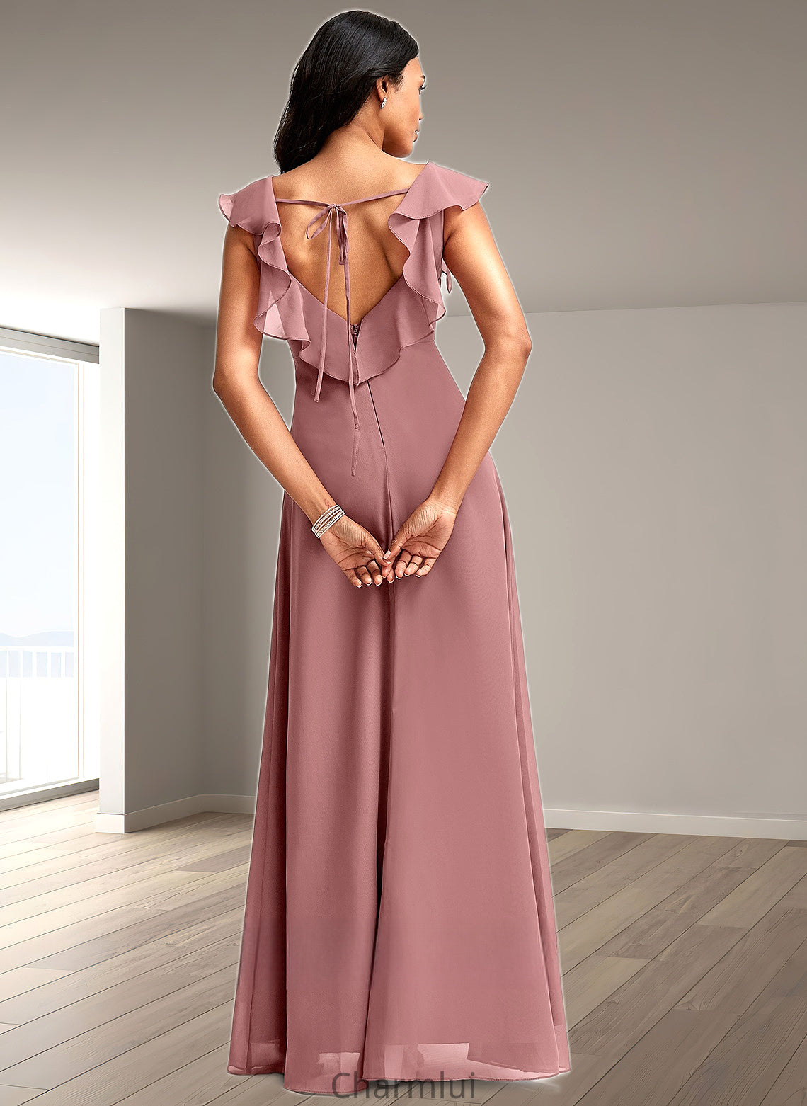 Jada A-line V-Neck Floor-Length Chiffon Bridesmaid Dress With Ruffle DYP0025751