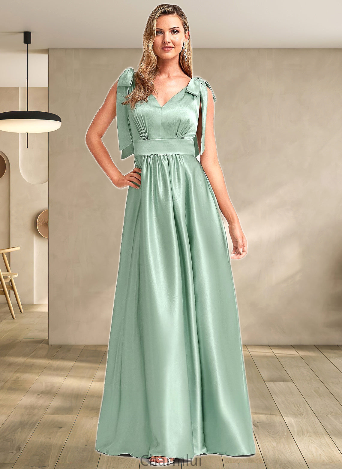 Kate A-line V-Neck Floor-Length Stretch Satin Bridesmaid Dress With Bow DYP0025737