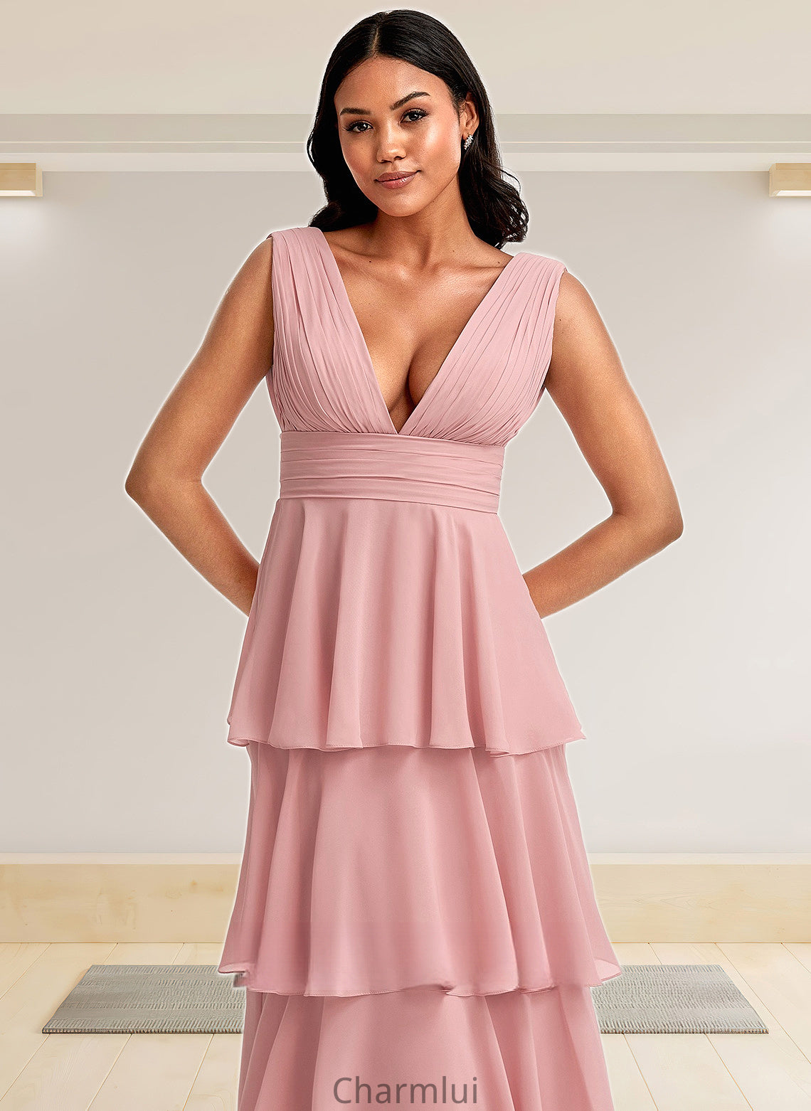 Aubrie A-line V-Neck Floor-Length Chiffon Bridesmaid Dress DYP0025749