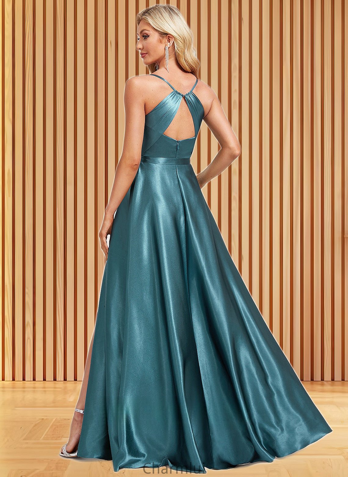 Kitty A-line Cowl Floor-Length Stretch Satin Bridesmaid Dress With Ruffle DYP0025781