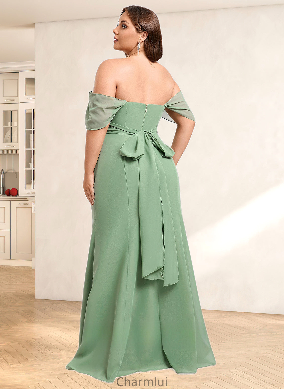 Campbell Trumpet/Mermaid Off the Shoulder V-Neck Floor-Length Chiffon Bridesmaid Dress DYP0025810