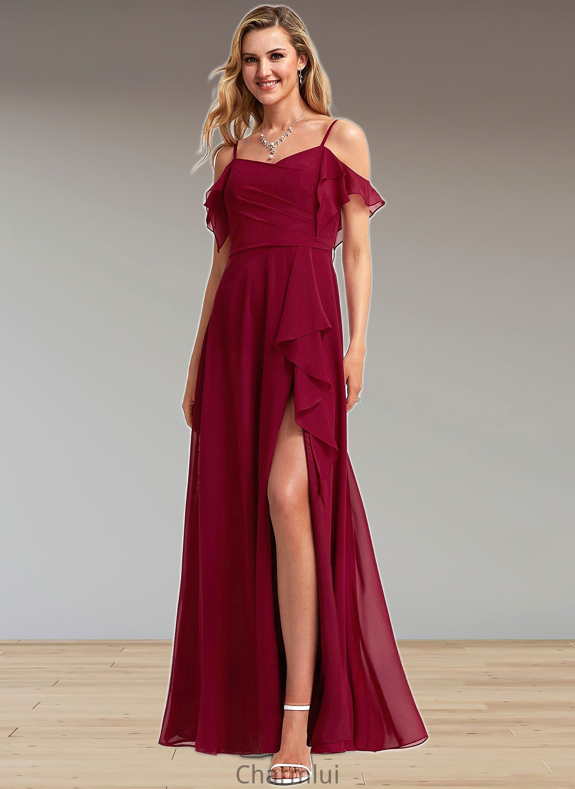 Gracelyn A-line Cold Shoulder Floor-Length Chiffon Bridesmaid Dress With Ruffle DYP0025755