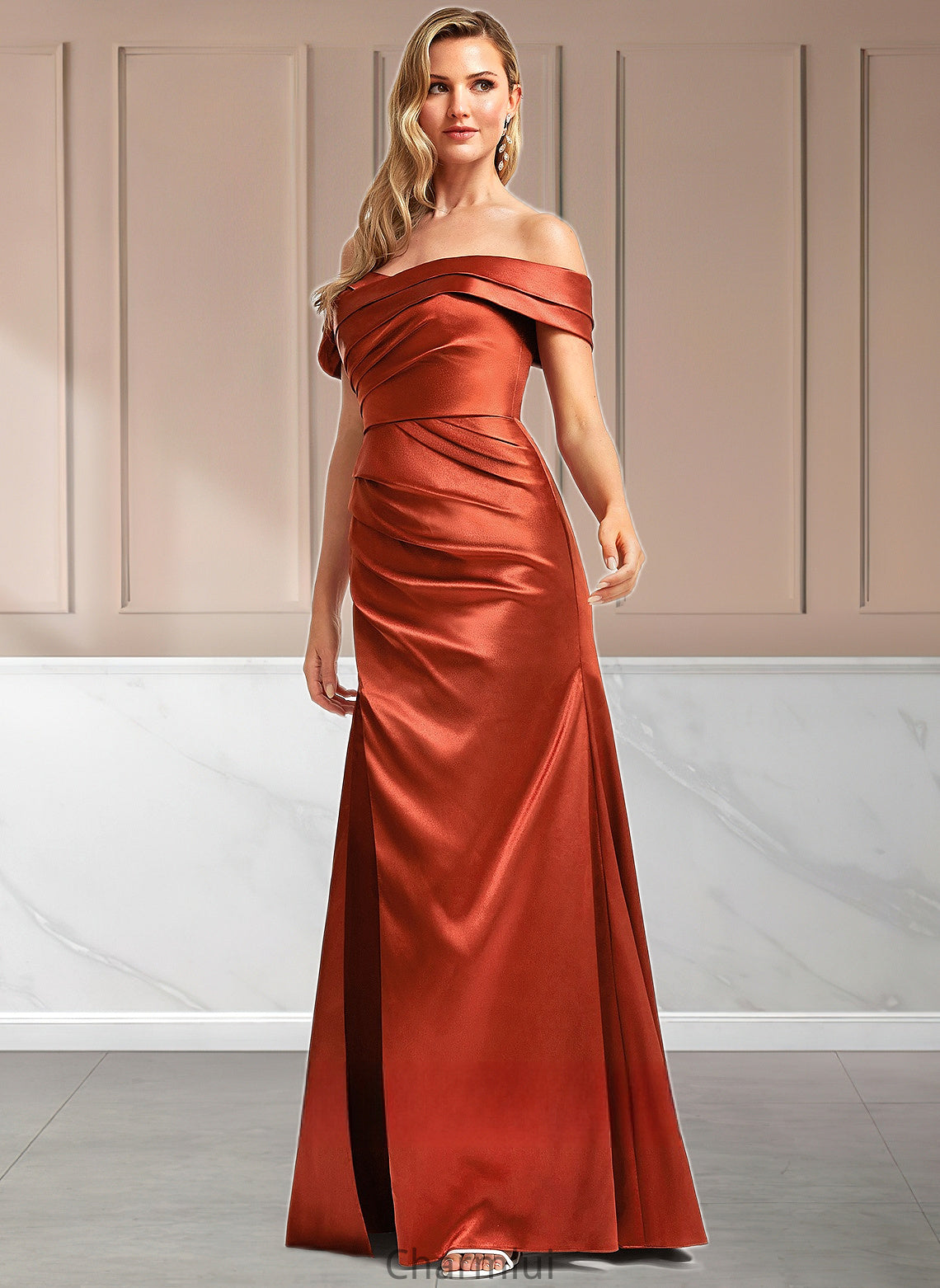 Jasmin A-line Off the Shoulder Floor-Length Stretch Satin Bridesmaid Dress DYP0025757